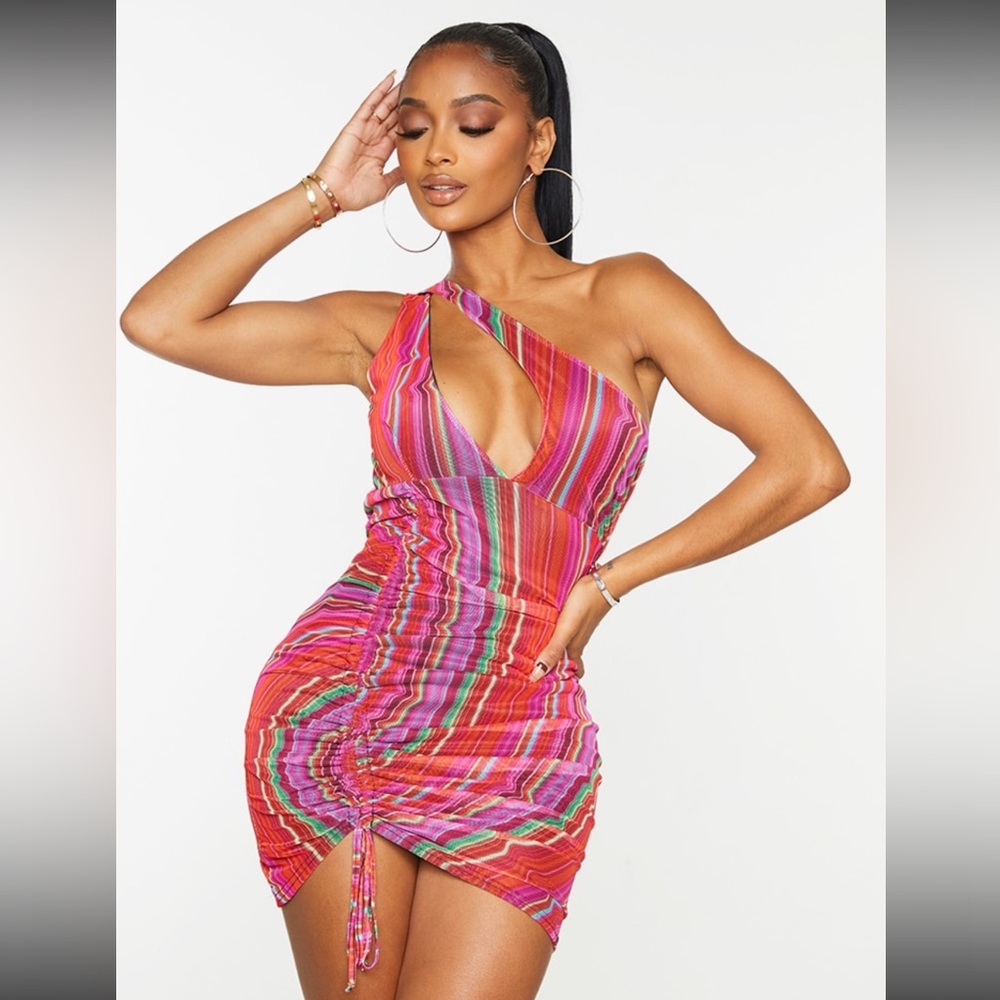 Shape Multi Stripe Mesh Halterneck Ruched Side Bodycon Dress